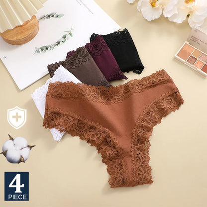 FINETOO 4PCS Women Cotton Brazil Panties Sexy Low Waist Lace Briefs Solid Color Stretch Underpants Comfortable Lingerie Panties