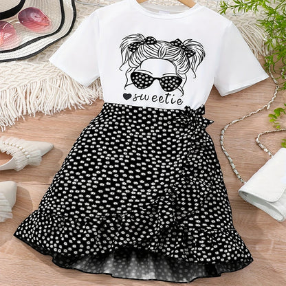 Two Piece Summer Girl Cute Round Neck Printed Short Sleeved Floral Skirt Princess Daily Casual Birthday Party Costume Set