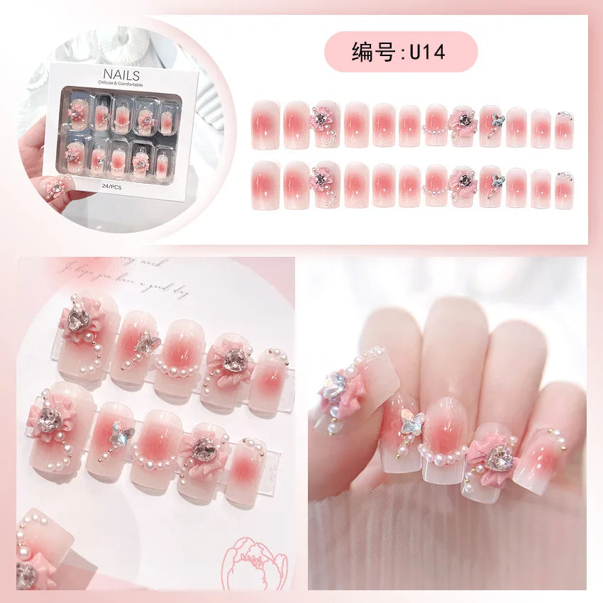 24pcs Full Rhinestones Bridal Press-on Nail Long Lasting Full Coverage Pearl Shiny Artificial Fake Nail For Manicure Decoration