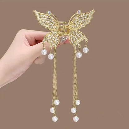 Exquisite Rhinestone Butterfly Fringe Hair Claw Clips Korean New Ponytail Braid Pearl Hairpin Girl Crab Metal Headdress Gift