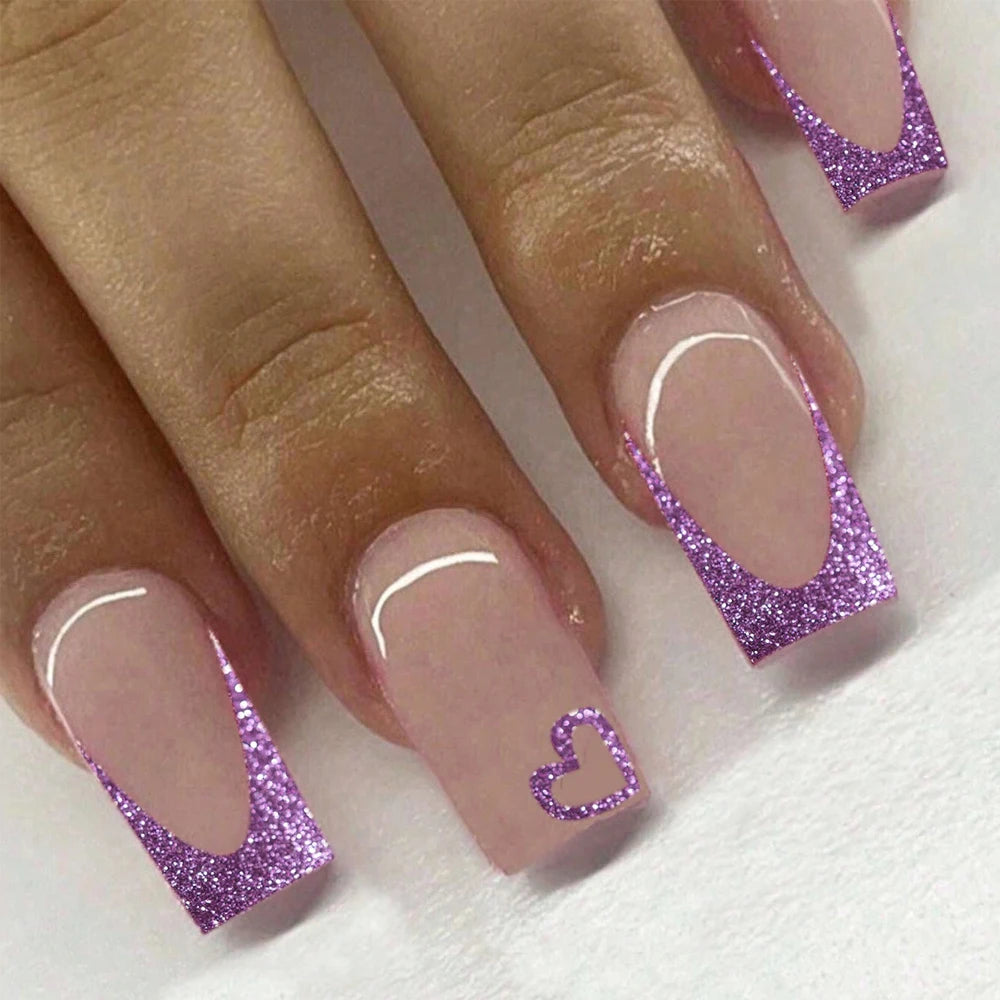 24pcs  press on nails short Square Love Design fake press on nails golden french tip press on nails cute glitter press on nails