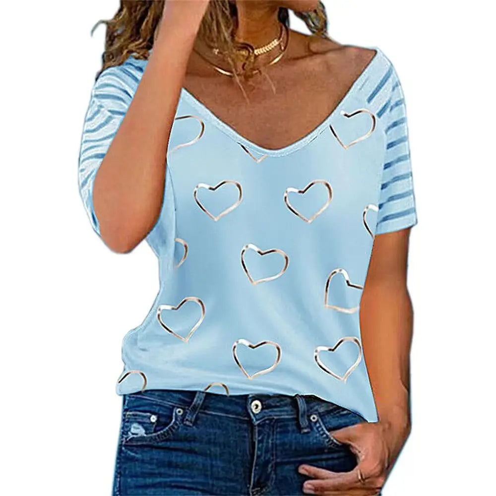 Women T-shirts V Neck Summer Short Sleeve Tops Tees Heart-Shaped Graphics Ladies Clothes Oversized Female Fashion Y2k Streetwear