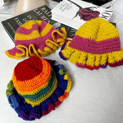 Handmade Crochet Knitted Hats Women Girl Crochet Scallop Ruffle Edge Knit Bucket Caps Adult Trendy Rainbow Striped Beach Sun Hat