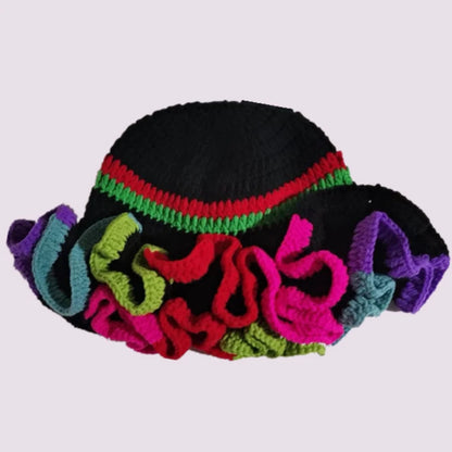 Handmade Crochet Knitted Hats Women Girl Crochet Scallop Ruffle Edge Knit Bucket Caps Adult Trendy Rainbow Striped Beach Sun Hat