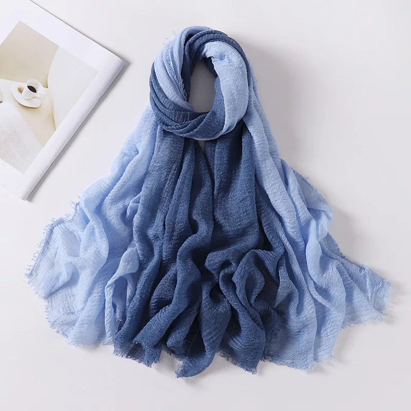 Two Color Crinkle Gradient Color Hijab Tie-Dye Printed Scarf Muslim Women Shawls Wraps Headband Islamic Turban Foulard