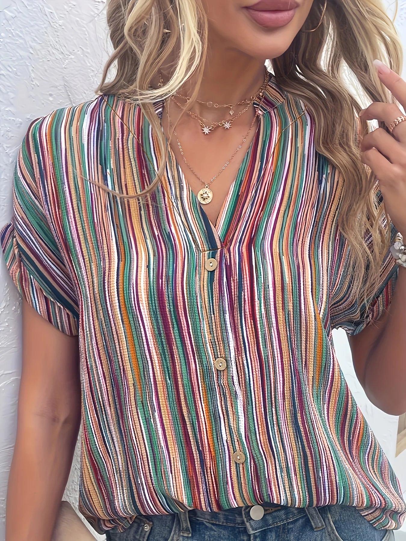 Plus Size Striped Print Blouse, Casual Round Collar Half Sleeve Blouse For Spring, Women's Plus Size Clothing