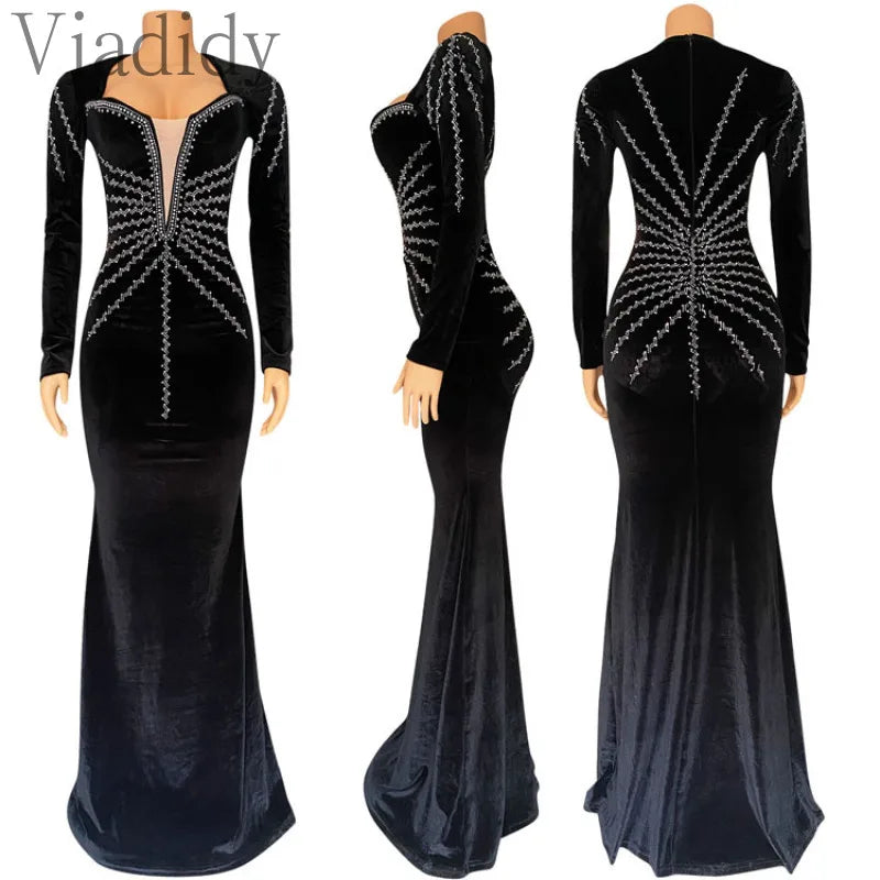 Women Sexy Velvet Mesh Rhinestone V-Neck Floor-Length