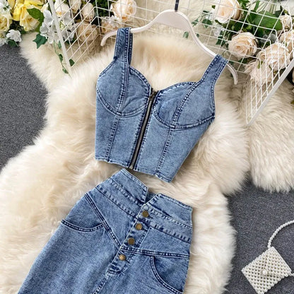 denim 2 piece set women korean outfits summer top and skirt two piece set Sexy elegant 2025 fashion midi skirt new in matching