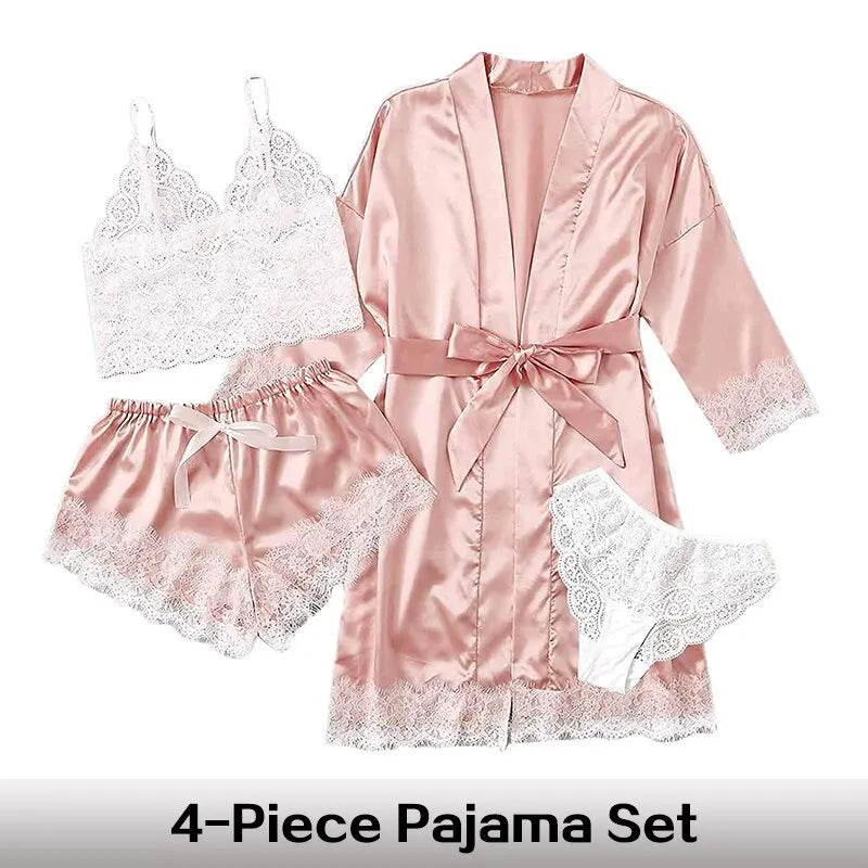 Sexy Pajama Pants Set 4 Pieces Lace Satin With Silk Sleepwear Robe