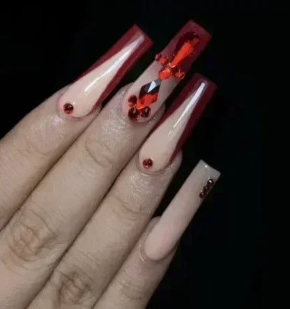 24Pcs Square False Nails with Glue Wearable Red Long Coffin Fake Nails Rhinestone Design Ballet Full Cover Press on Nails Tips