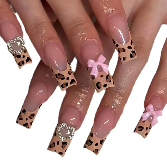 Luxury Ladies 24Pcs/Set Super Long Square French Leopard Print Pink Bow Heart Decoration Wearable Fake Nail  Press on Nail Art