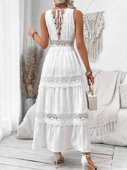 Women's White Party Dress Fashion Lace V-neck Ruffle Hook Flower Hollow Waist Maxi  Dresses