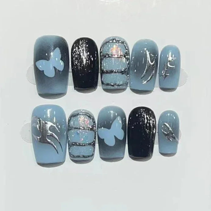 10Pcs Glitter Handmade Press on Nails Full Cover Butterfly Design