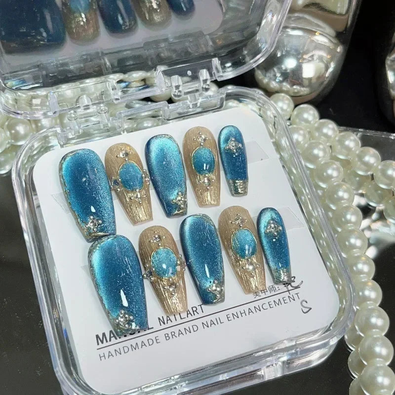 10Pcs Ballet Blue Fake Nails with 3D Ocean Moon Rhinestone Design False