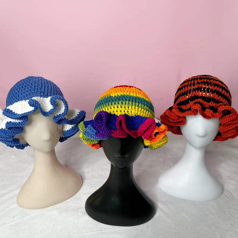 Handmade Crochet Knitted Hats Women Girl Crochet Scallop Ruffle Edge Knit Bucket Caps Adult Trendy Rainbow Striped Beach Sun Hat