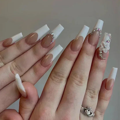 24Pcs False Nails Long Coffin Ballet French with Rhinestones Wearable Fake Nails Blue Flower Full Cover Press on Nails Tips Art