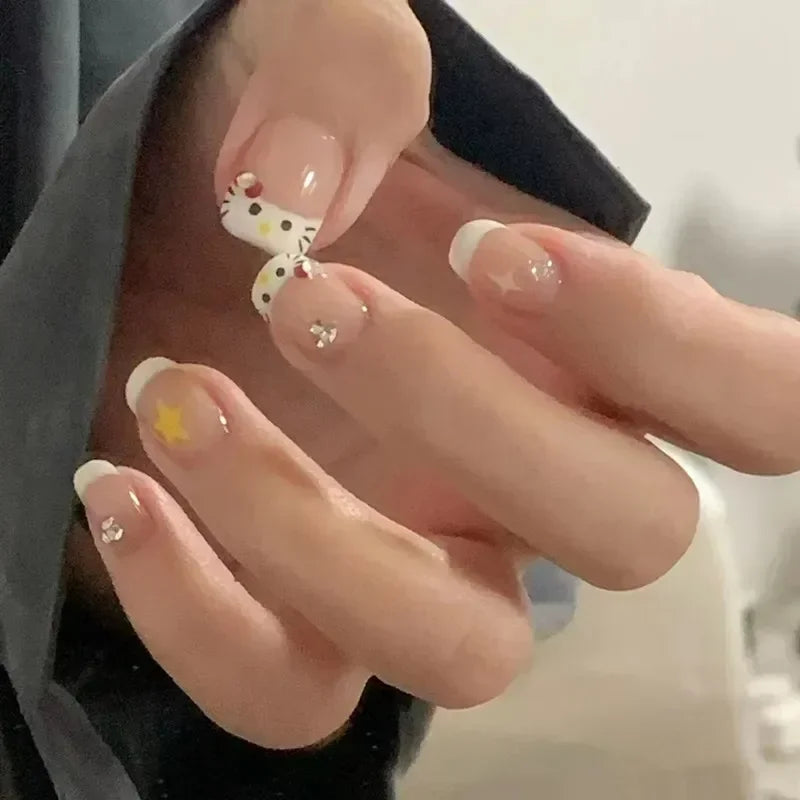 Sanrios Nails helloKitty Fresh Cute Korean Fake Nail Tips Girl Wearing Kawaii Short Cartoon Acrylic Press on Nail