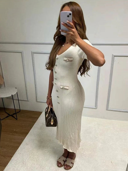 Elegant Knitted Long Single Breasted Bodycon Dress