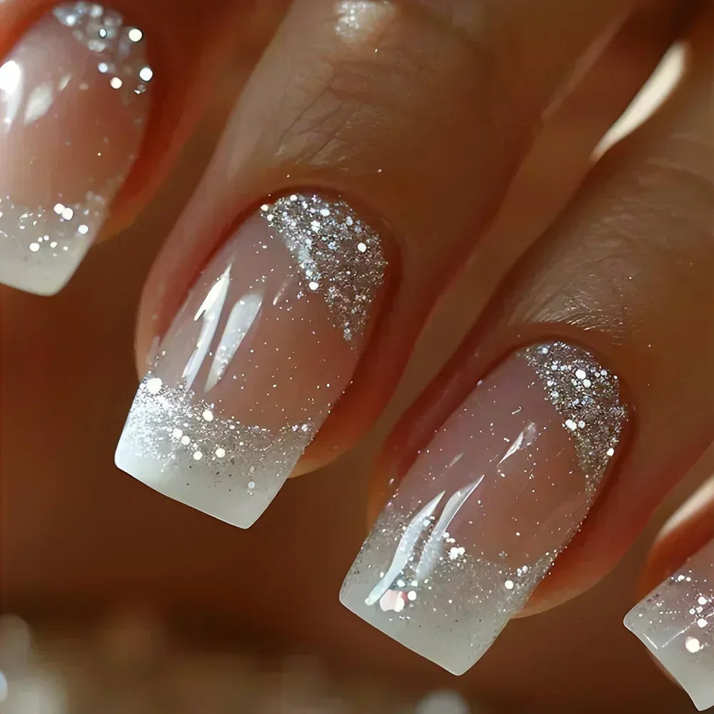 24Pcs Sweet Cool Press on Nails Short Square False Nail Gradient Glitter Line Fake Nails Full Cover Glossy Acrylic Manicure Nail