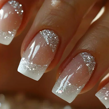 24Pcs Sweet Cool Press on Nails Short Square False Nail Gradient Glitter Line Fake Nails Full Cover Glossy Acrylic Manicure Nail