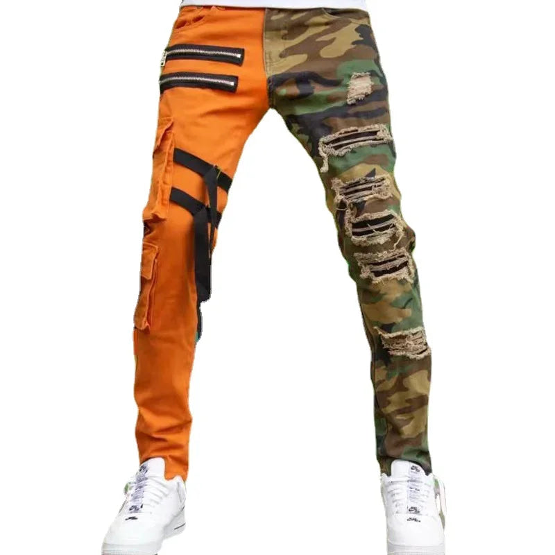 Men's Ripped Camouflage Jeans, Color Block, Slim-fit, Straight-Leg Overalls, Spring Fashion