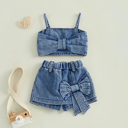 6M-5T Kids Girls 2Pcs Denim Clothes Set Sleeveless Crops Bow Tops Shorts