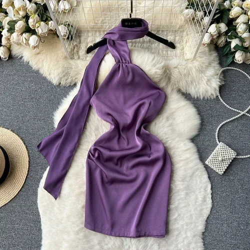 Chic Satin Ribbon Sleeveless Backless Slip Dress Slim High Waist Halter Hip Wrap Mini Dress