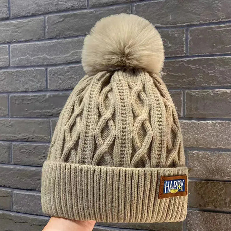 Soft Thick Knitted Beanies Cap With Hairball Winter Warm Lining Velvet Woolen Hat Fashion Twist Weaving Outdoor Causal Women Hat