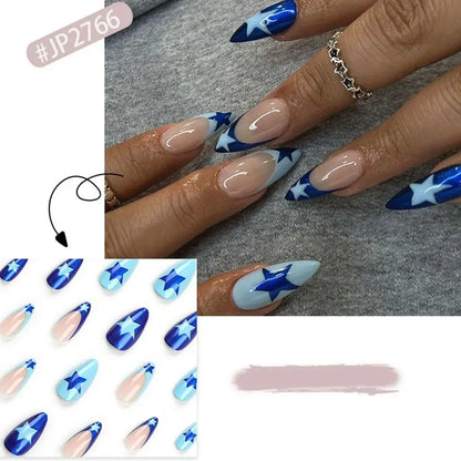 24pcs Long Almond False Nails French Leopard Star Press on Nails Fake Nails DIY Manicure Detachable Nail Tips