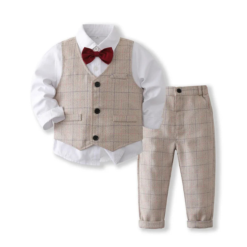 Baby Boy Formal Suit Gentleman Clothes Sets Autumn Children Birthday Wedding Party Dress Suit Sets Bowtie Shirt+Vest+Trouser Set