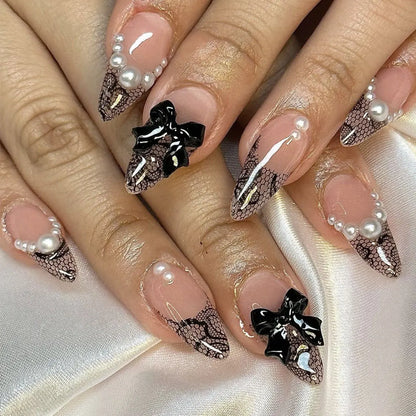 24Pcs Mid-length False Nails with Almond Head Design Brown Gold Lines Fake Nails Oval Wearable French Press on Nail Tips