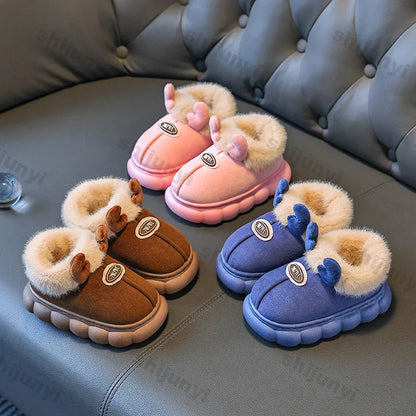 Children's Slippers Winter New Cartoon Warm Anti Slip Boys Girls Indoor Comfortable Platform Reindeer Baby Plush Cotton Shoes