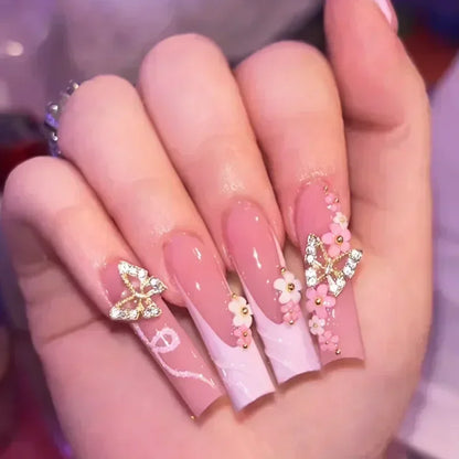 24Pcs Square False Nails with Glue Wearable Red Long Coffin Fake Nails Rhinestone Design Ballet Full Cover Press on Nails Tips