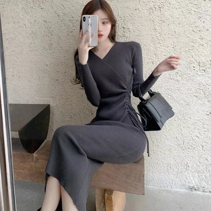 V-Neck Long Sleeve Knitting Dress Bodycon Midi Dress