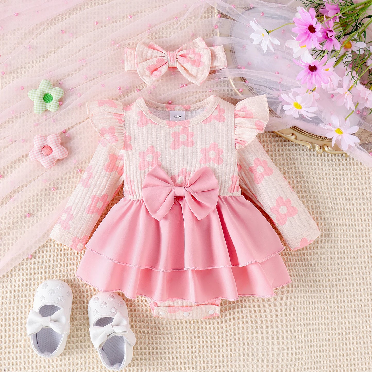 2PCS Autumn New Style 0-1 Year Old Girl Baby Sweet And Cute Round Collar Printed Long-Sleeved Dress + Hair Band