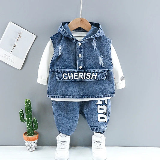 Baby boy clothes spring autumn fashion ripped denim suit letter denim jacket hooded vest + bottoming shirt + pants 3-piece set