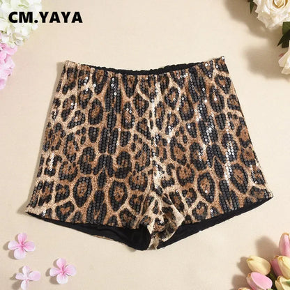 CM.YAYA Women Sequined Leopard Print Sexy High Waist Leggings Shorts Streetwear Elastic Club Party Night Beach Shorts 2024