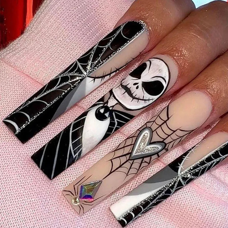 Scary Blood Skull Fake Nails Long Coffin Ballet Halloween Style False Nails 24pcs Wearable Press on Nail tips for Halloween Gift