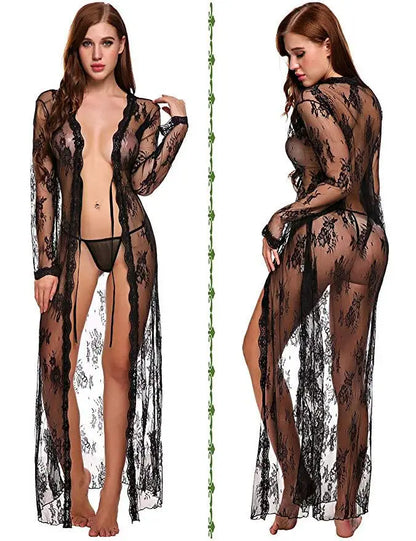 Toucheart Sexy Lace Mesh Transparent Sexy Robe Nightgown Women's See-Through Lace Printing Deep V-Neck Home Ultrathin Nightgown