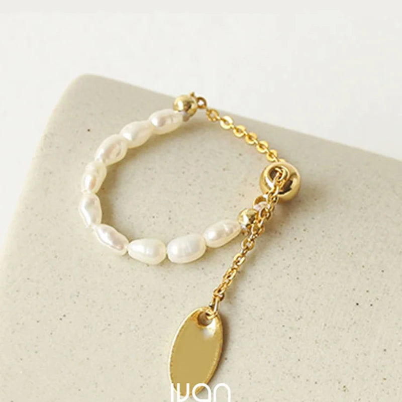 French Simple Retro Pearl Chain Pull Adjustment Gold Color Rings Girl's New Elegant Accessories Fashion Finger Jewelry For Woman