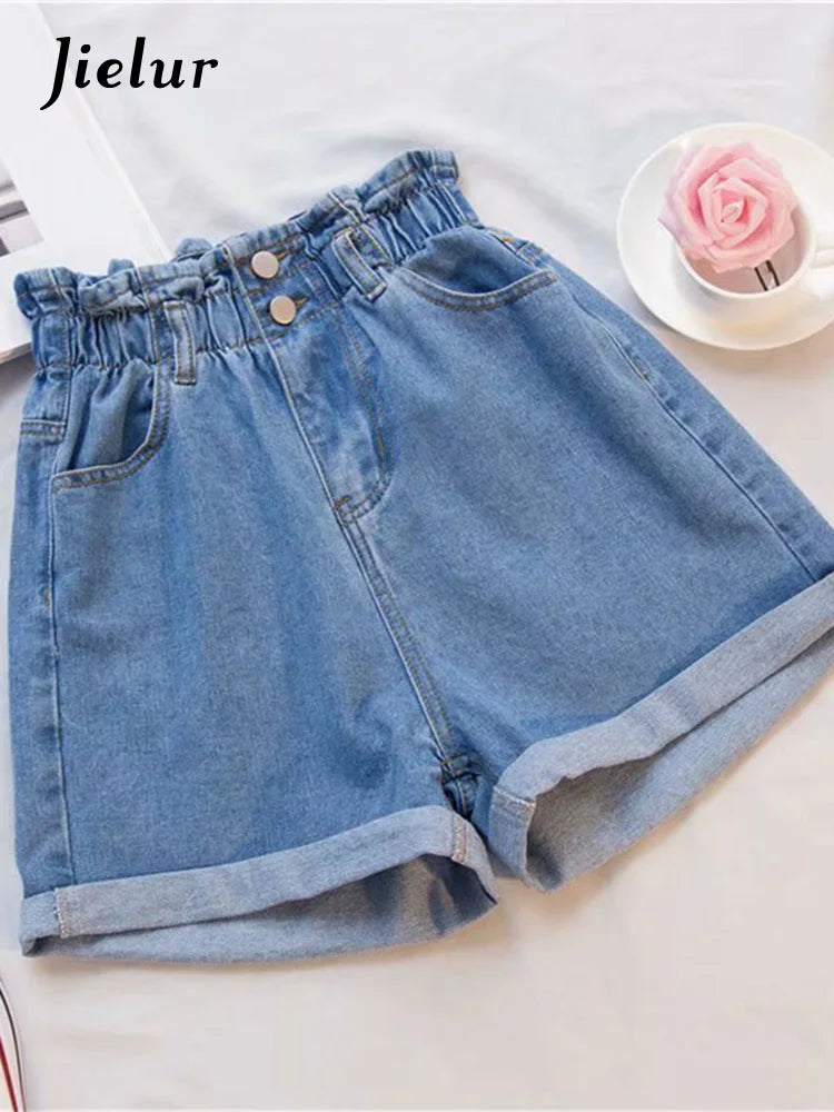 Jielur Summer Black Women Denim Shorts Women S-5XL Harem Ruffled White Blue High Waisted Shorts Female Elastic Short Jeans