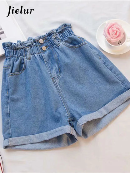 Jielur Summer Black Women Denim Shorts Women S-5XL Harem Ruffled White Blue High Waisted Shorts Female Elastic Short Jeans