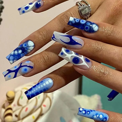 24Pcs Simple Blue French Fake Nails with Diamond Love Pattern Design False Nails Press on Mid-length Ballet Full Cover Nail Tips