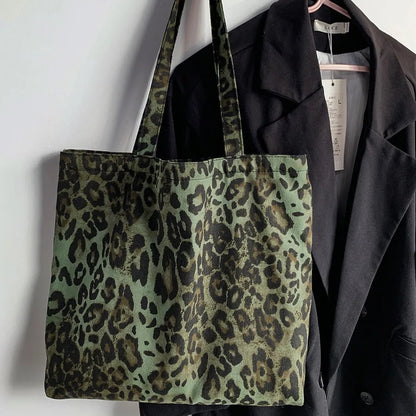 Large Women's Shopping Bag 2024 Summer Ladies Canvas Shoulder Tote Bags Aesthetic Green Leopard Fashion Ecobag Cloth Handbags