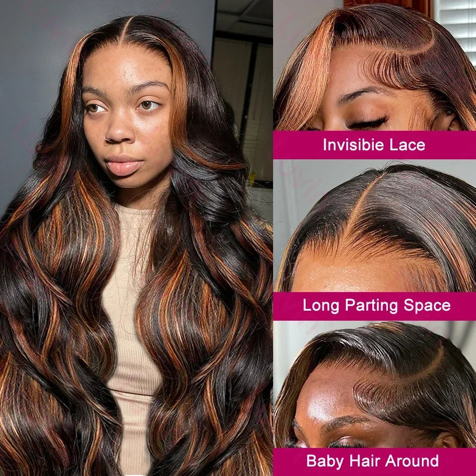 1B/30 Black Brown Body Wave Wigs 13x6 HD Lace Frontal Wigs Ombre