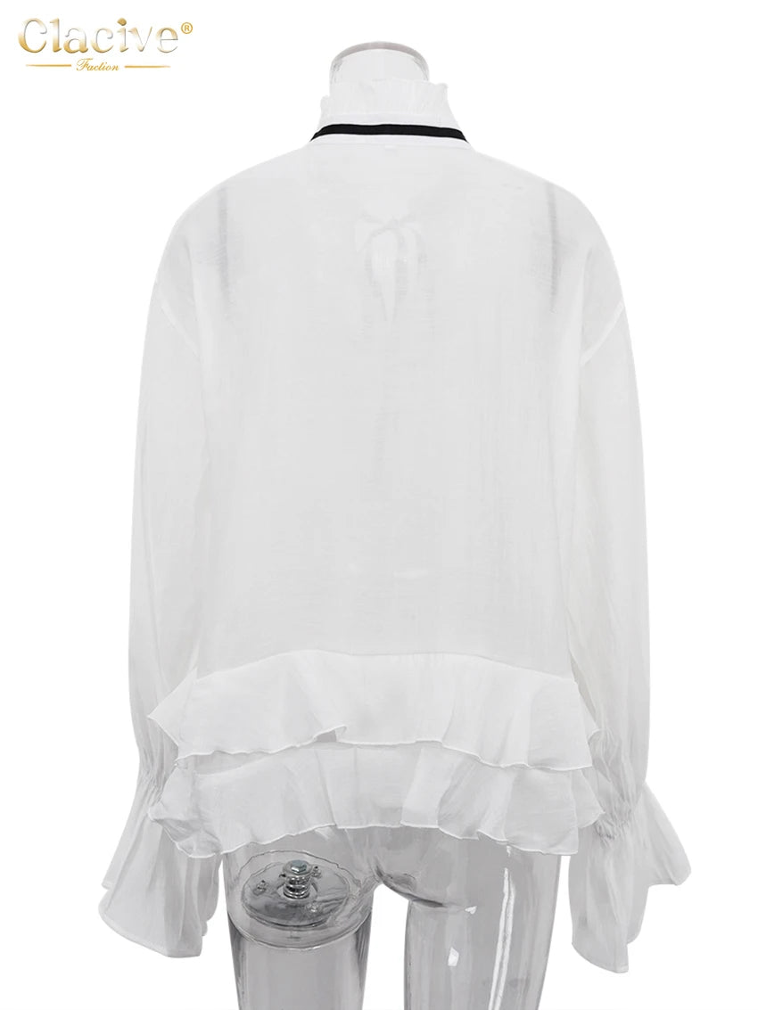 Clacive Sexy Loose White Women'S Shirt 2025 Fashion Ruffle Collar Long Sleeve Blouses ng