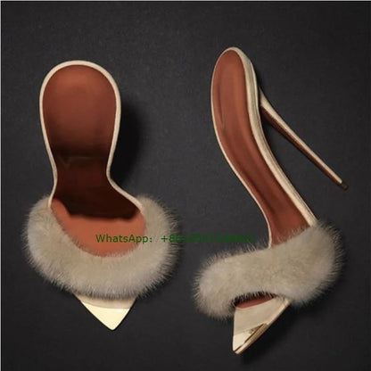 Plush Pointed Toe Stiletto Women Slippers Slip-On Sexy Plus Size All-Match Femel High Heels