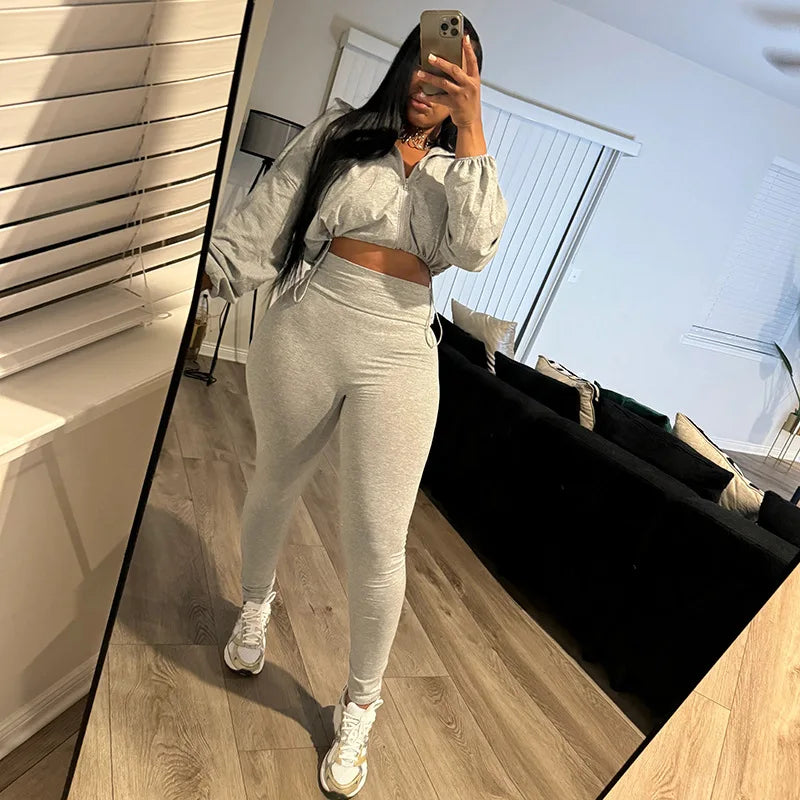 Weird Puss Autumn Women 2 Piece Set Casual Tracksuit Zipper Thin Drawstring Jacket+Leggings Matching Streetwear Sporty Suit