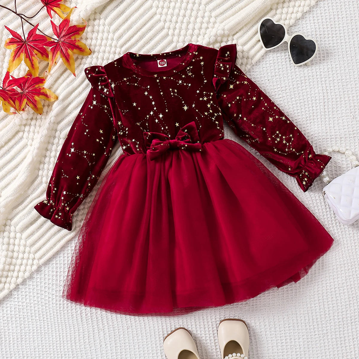 Autumn Winter 1-8 Years Children Christmas Princess Dress Red Velvet Gown Stars Mesh Dress