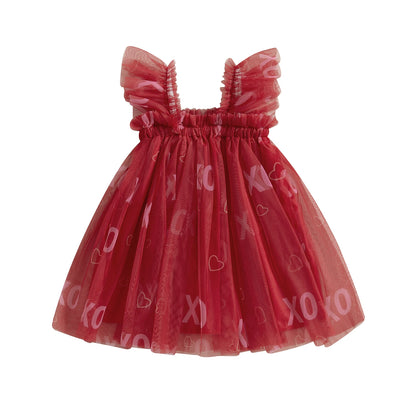 Summer Toddler Kids Girls Valentines Day Dress Casual Heart/Letter/Bow Print Mesh Tulle Dress for Princess Party Cute Clothes